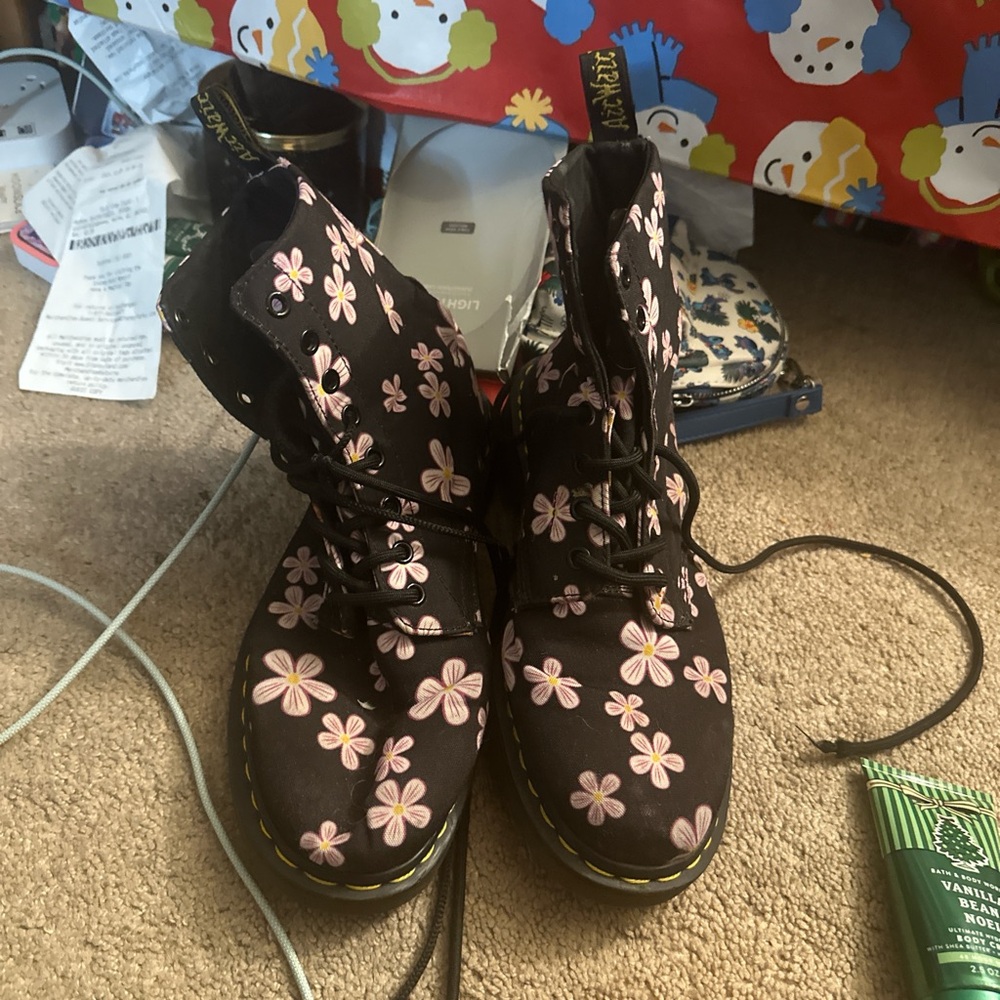 Dr. Martens Black Boots with Pink Floral Design